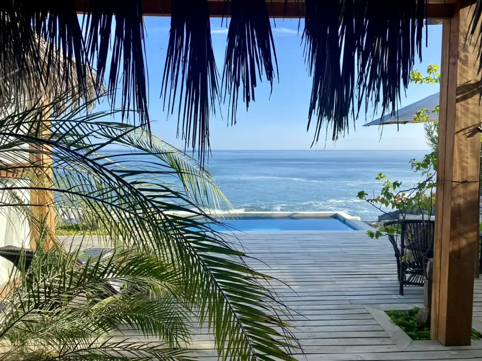 Piscina y terraza de madera frente al Pacífico, enmarcadas por palmeras y un techo de palma.
