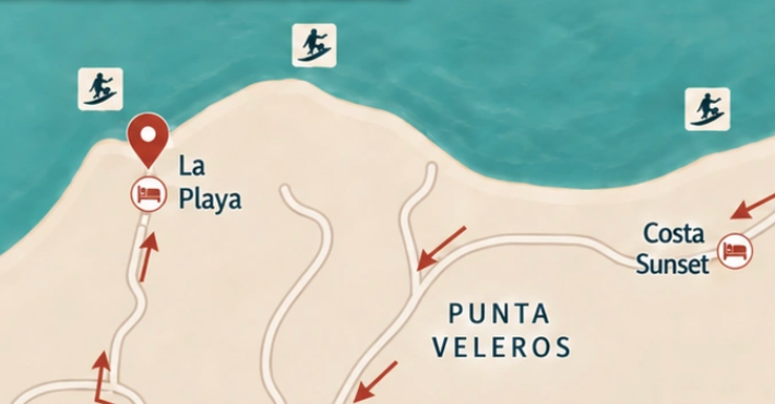 Mapa orientativo: 01 La Vuelta frente a La Playa, 02 La Puntita a 100 m, 03 Casa Blanca a 250 m.